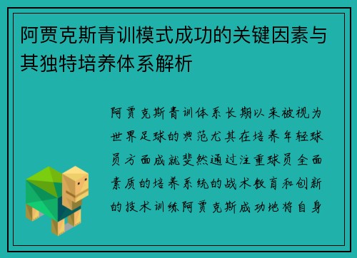 阿贾克斯青训模式成功的关键因素与其独特培养体系解析