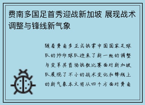 费南多国足首秀迎战新加坡 展现战术调整与锋线新气象 费南多国足首秀迎战新加坡 展现战术调整与锋线新气象